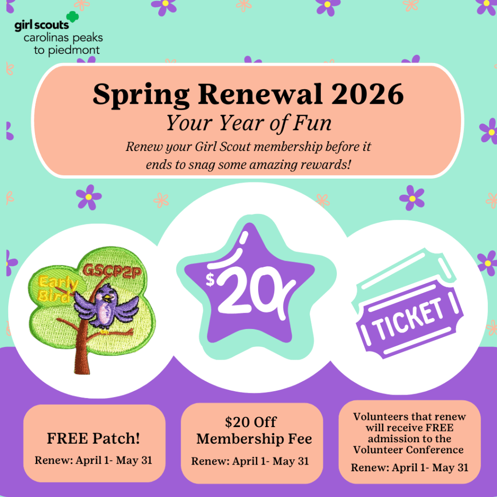 Promotional graphic for Girl Scouts Spring Renewal 2026, featuring a colorful design with text highlighting membership renewal benefits, including a free patch, $20 off membership fees, and free admission for volunteers to the Volunteer Conference.